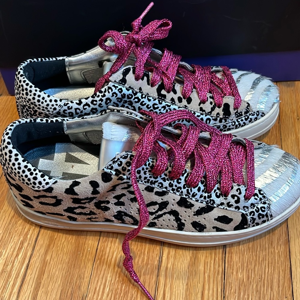 P448 sneaker. Size 35. Mixed leopard/animal fur print.